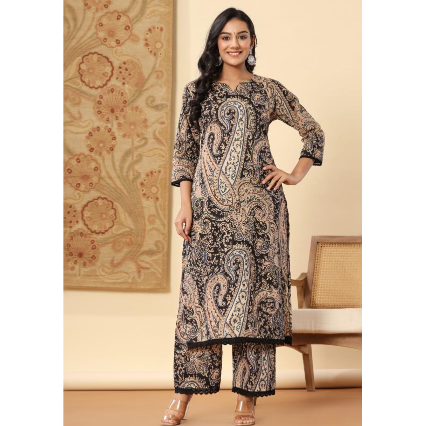 women printed kurta set black
